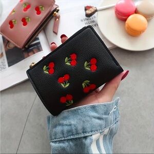 Black Cherry Embroidered Snap Wallet Zip Coin Compartment Retro Cute NWT